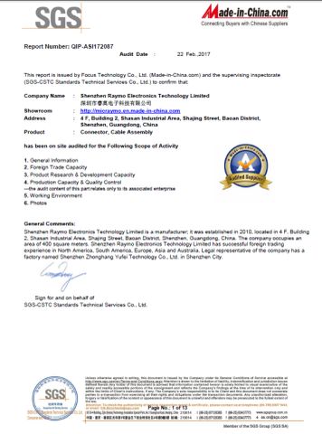 SGS Audited manufactuer certificate of Shenzhen Raymo Electronics Technology Limited – certificate photo, supplier certificates section