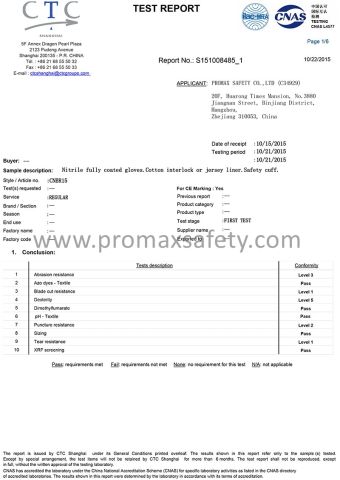 CE Test Report for Cotton Nitrile Gloves certificate from Promax Safety Co., Ltd.