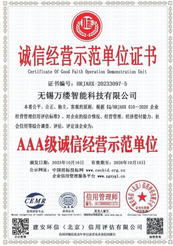 Certificate of Good Faith Operation Demonstration Unit certificate from Wuxi Wanlv Intelligent Technology Co., Ltd