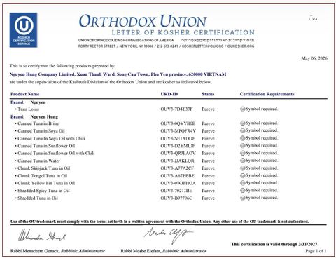 Kosher certificate from Vietex Global