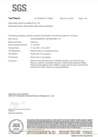 SGS test report certificate of Zhenjiang Runfa Aluminium Co., Ltd. – certificate photo, supplier certificates section