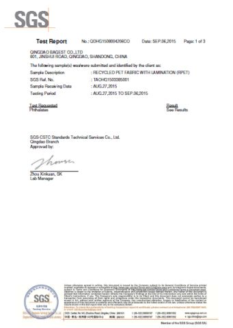 recycled pet laminated bag, material test report certificate from Qingdao Bagest Co., Ltd.