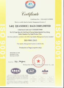 ISO9001,BSCI,SEDEX Certificate certificate from LITAI(QUANZHOU)BAGS CORP., LIMITED