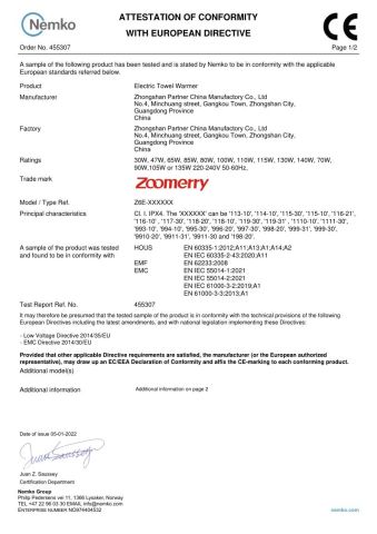 CE certificate from Zhongshan Zoomerry Bathroom Accessories Co.,Ltd