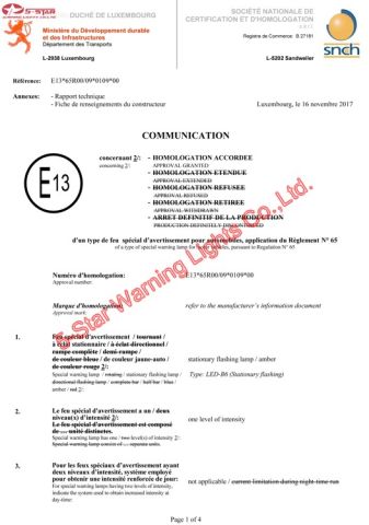 ECE R65 certificate from Wenzhou 5-Star Warning Lights Co., Ltd.