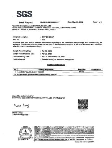 BIFMA certificate from Foshan Zhongfayijia Furniture Co., Ltd.