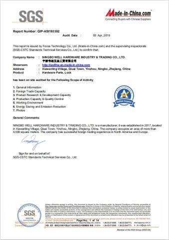 sgs certificate from NINGBO WELL HARDWARE INDUSTRY & TRADING CO., LTD.