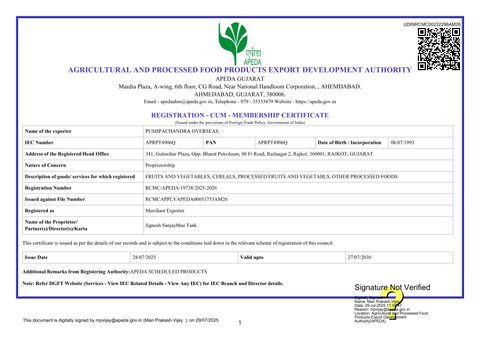 AGRICULTURAL AND PROCESSED FOOD PRODUCTS EXPORT DEVELOPMENT AUTHORITY certificate from Pushpachandra Overseas