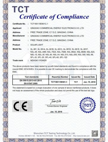 CE SOLAR FLOOD LIGHT certificate of Qingdao Commercial Energy Electronics Co., Ltd. – certificate photo, supplier certificates section