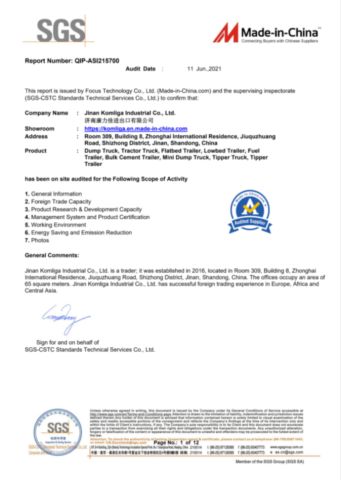 SGS certificate from JINAN KOMLIGA INDUSTRIAL CO., LTD.