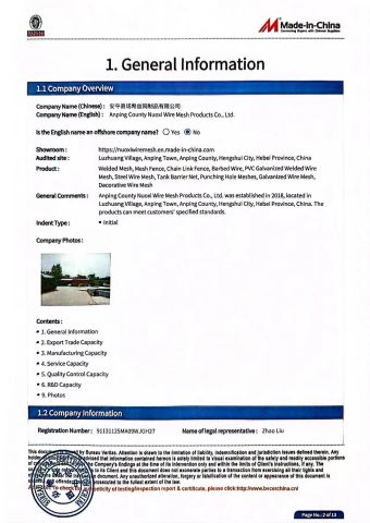 Audit report certificate from Anping County Nuoxi Wire Mesh Products Co., Ltd.