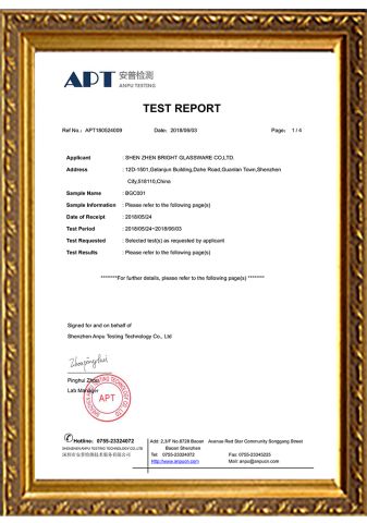 APT Product Test Report certificate from Shenzhen Bright Glassware Co., Ltd.