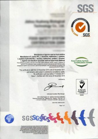 Food Safety SystemCertification 22000 certificate from Guangzhou Zio Chemical Co., Ltd.