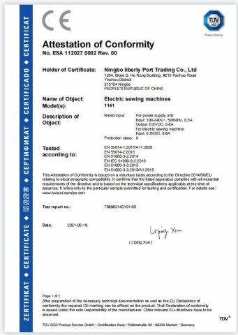 CE certificate from Ningbo Liberty Port Textile Co., Ltd.