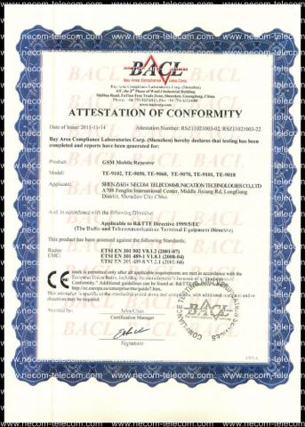 CE declarations certificate from Shenzhen Necom Telecommunication Technologies Co., Ltd.