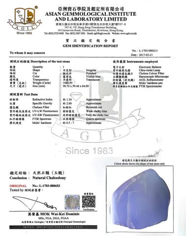Blue chalcedony certificate certificate from Xiamen Amore Gift Solutions Co., Ltd.