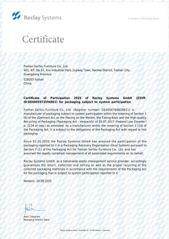 Reclay Systems Certificate certificate from Foshan Yayou Furniture Co., Ltd.