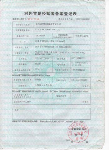 License Photo certificate from Risen Machinery Co., Ltd.