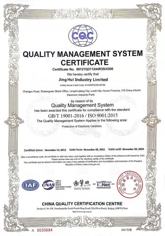 ISO9001 certificate from SHENZHEN JINGHUI INDUSTRY LIMITED