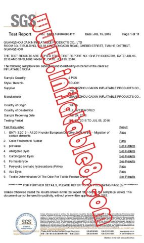 Lamzac bag SGS certificate from Guangzhou Caixin Inflatable Products Co., Ltd.