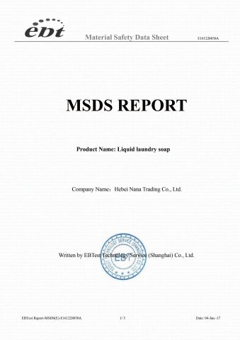 MSDS of Liquid Laundry Detergent certificate of Hebei Nana Trading Co., Ltd. – certificate photo, supplier certificates section