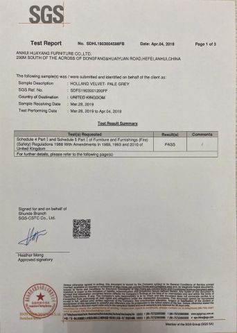 SGS certificate of Anhui Huayang Furniture Co., Ltd. – certificate photo, supplier certificates section