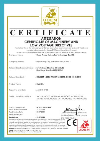 CE-dust filter certificate from Hebei Annuo Automation Technology Co., Ltd.