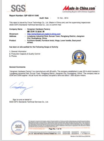 SGS factory certificate certificate from EC Hardware Co., Ltd.