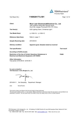 RoHS Certificate of Christmas Light certificate from Wuxi Lejin Electronic & Electrical Co., Ltd.