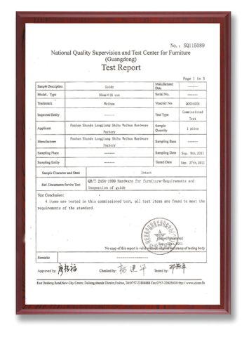 Drawer Slide Test Report 2 certificate from Guangdong Weihua Hengsen Industrial Ltd.