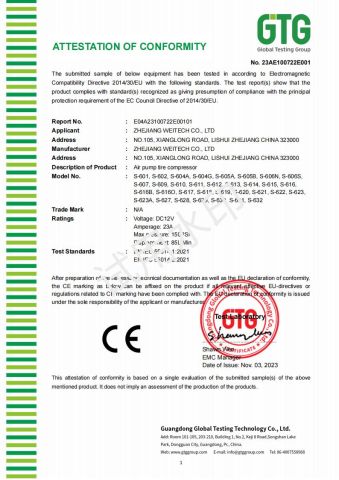 Compressor CE Certification certificate from Zhejiang Weitech Co., Ltd.