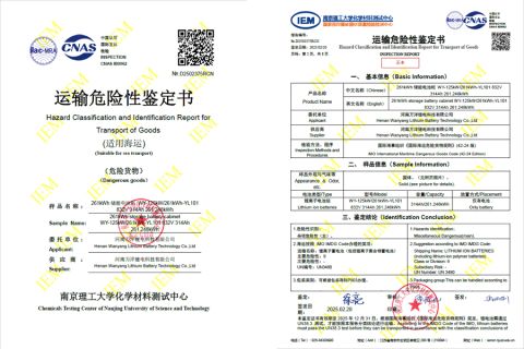 Appraisal report of maritime transport of dangerous goods certificate of Henan Wanyang Lithium Battery Technology Co., Ltd. – certificate photo, supplier certificates section