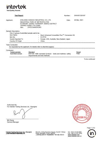 EN1725: 1998- domestic furniture - beds and mattress- safety requirements and test methods certificate from Zhejiang Hanhao Industrial Co., Ltd.