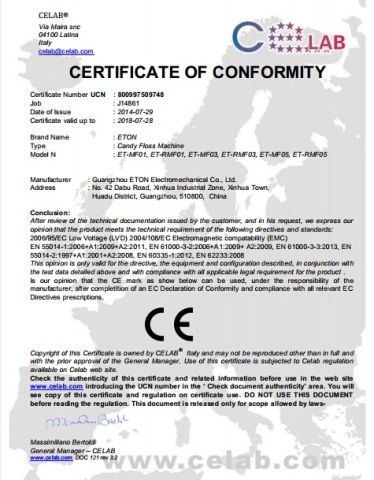 CE Cotton Candy Machine certificate from Guangzhou ETON Import & Export Co., Ltd.