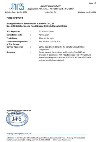 Acrylic paint-msds certificate from Shanghai Haobin Stationery & Art Material Co., Ltd.