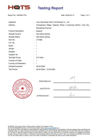 HQTS Testing Report for Playpen certificate from Linyi Suzaku International Trade Co., Ltd.
