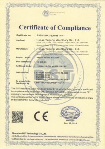 CE certificate of Henan Yugong Machinery Equipment Co., Ltd. – certificate photo, supplier certificates section