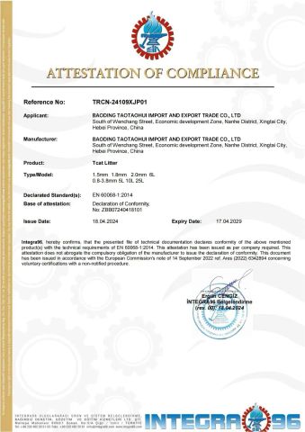 CE certificate from Baoding Taotaohui Import and Export Trading Co., Ltd.