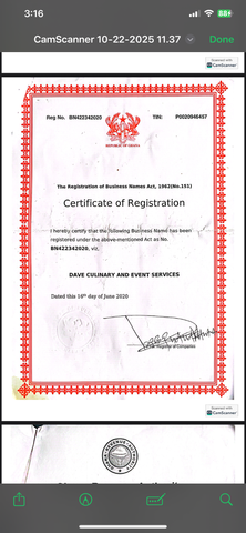 Business certificate  certificate from Dave culinary and event service
