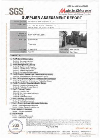 Supplier assessment report certificate of Qingdao Hvsun Industry Co., Ltd. – certificate photo, supplier certificates section