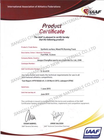 IAAF (from June,2015-June,2019) certificate from JiangSu ChangNuo New Materials Co., Ltd.
