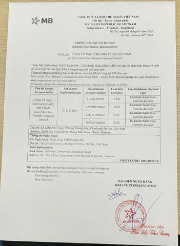 Bank Certificate - Military Bank in Vietnam certificate from GOO FARM TEA VIET NAM