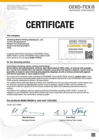 OEKO-TEX 100 CERTIFICATE certificate from Shanghai Fartex Import and Export Company Limited