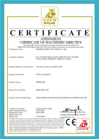 wheel hub certificate from Wenzhou Ideer Auto Parts Co., Ltd