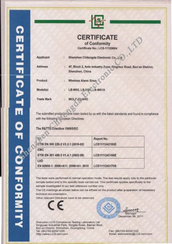 CE Certificate for Wireless Alarm Siren in 2012 certificate from Shenzhen Chitongda Electronic Co., Ltd.