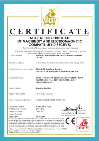 CE of SHREDDER certificate of Shandong Zhongde Machine Tool Accessories Producing Co., Ltd. – certificate photo, supplier certificates section