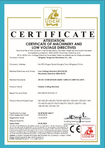 Certificate of machinery and low voltage directives certificate from Qingdao Tengyuan Machinery Co., Ltd.