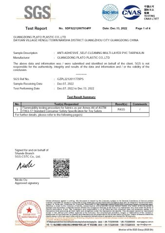 SGS Test Report ANTI-ADHESIVE, SELF-CLEANING MULTI-LAYER PVC TARPAULIN certificate from Guangzhou Joycycle Inflatable Co., Ltd