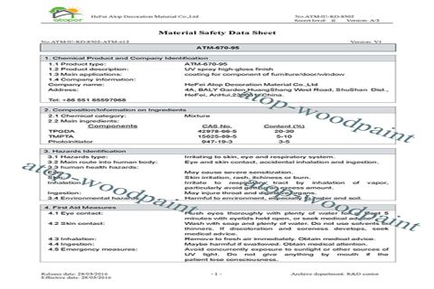 MSDS of UV Spray Coating High Clear Gloss Topcoat certificate of HEFEI ATOP DECORATION MATERIAL CO., LTD. – certificate photo, supplier certificates section