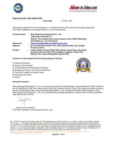 TUV certificate from WUXI WEICHENG CARDANSHAFT CO., LTD.